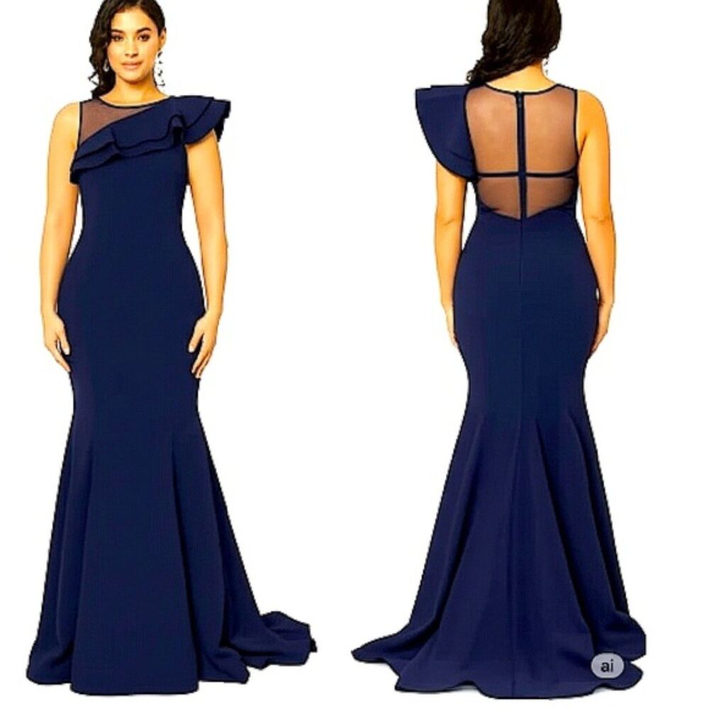 Eliza J. Navy Blue One Shoulder Illusion Ruffle Mermaid Gown Size 6
